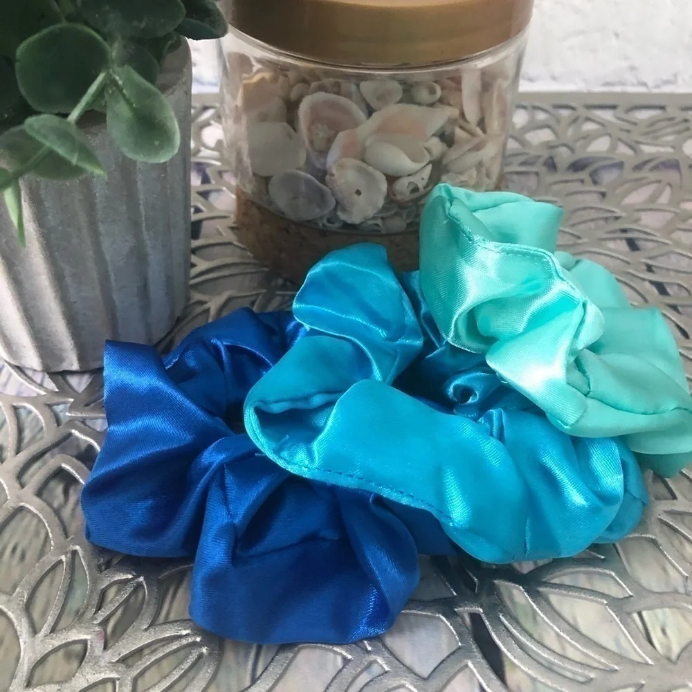 3 New Silk Scrunchies Blue, Teal Mint Color
